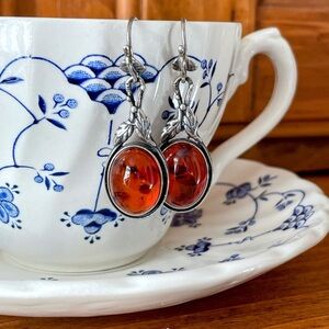 Antique Arts & Crafts Period Silver & Baltic Amber Cabochon Drop Earrings